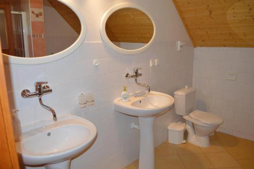 a bathroom with a sink and a toilet and two mirrors at Penzion 409 in Horní Branná