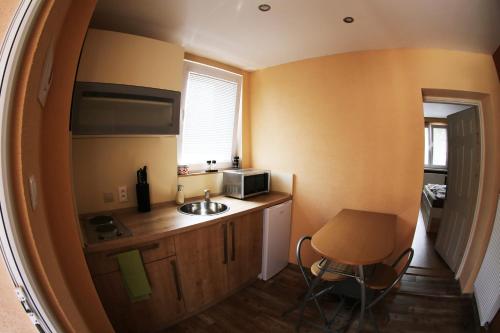 a small kitchen with a sink and a table at Apartmány Dimitra in Štúrovo