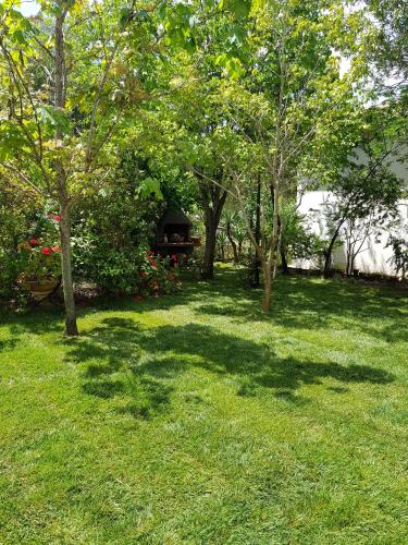 a park with trees and a bench in the grass at La casa di Laura in Tortolì