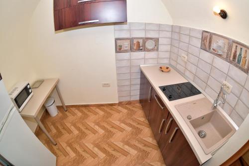 a kitchen with a sink and a stove top oven at La Maisonnette in Braşov