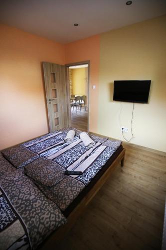 a bedroom with a bed and a flat screen tv at Apartmány Dimitra in Štúrovo