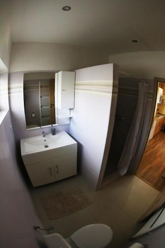 a bathroom with a white sink and a mirror at Apartmány Dimitra in Štúrovo