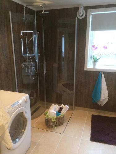 y baño con lavadora y ducha. en Luxurious cabin by the waterfront en Leknes