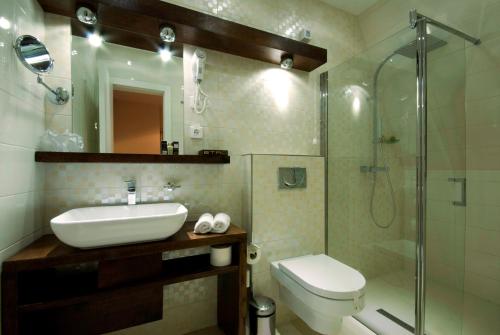 a bathroom with a toilet, sink, and shower at Hotel Soa in Žabljak