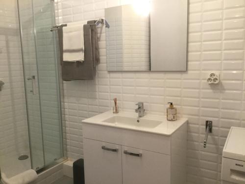 une salle de bain blanche avec un lavabo et une douche dans l'établissement 10 rue Chevalier Roze, à Marseille