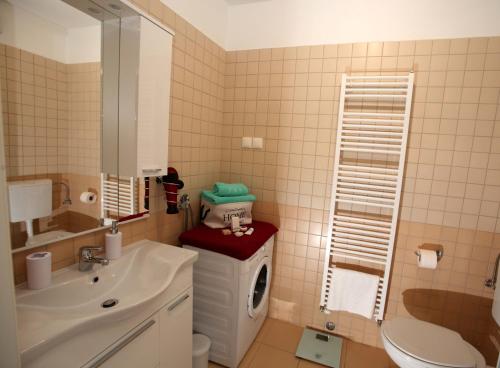 La salle de bains est pourvue d'un lavabo, de toilettes et d'un miroir. dans l'établissement Apartment West, à Rijeka