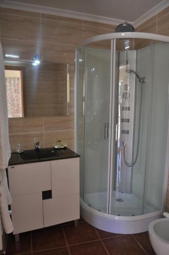 La salle de bains est pourvue d'une douche et d'un lavabo. dans l'établissement Quinta Rota d' Oliveira, à Santa Maria de Émeres