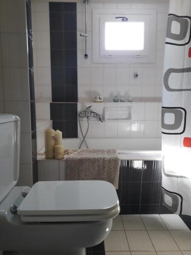 a bathroom with a white toilet and a sink at Villa Erasmia in Dhékarkhon