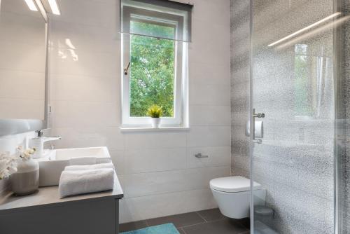 een badkamer met een toilet, een wastafel en een raam bij Villa Carmela in Labin