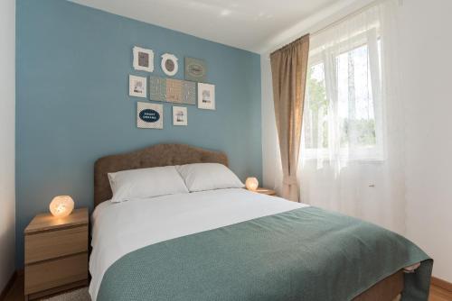 een blauwe slaapkamer met een bed en een raam bij Villa Carmela in Labin