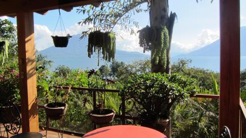 a balcony with plants and a view of the ocean at Casa Hagan in Santa Cruz La Laguna