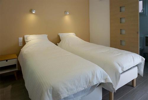 two beds in a bedroom with white sheets at Villa hortensia in Carpentras