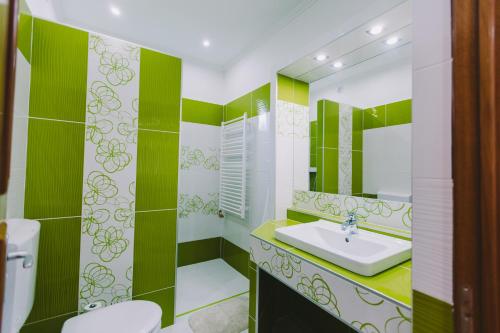 a bathroom with green and white walls and a sink at Lak6 Apartment in Mórahalom