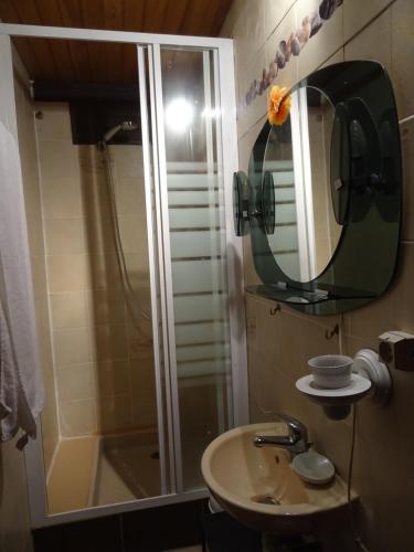 une salle de bain avec un lavabo, une douche et un miroir dans l'établissement au coeur de la campagne, à Donzac