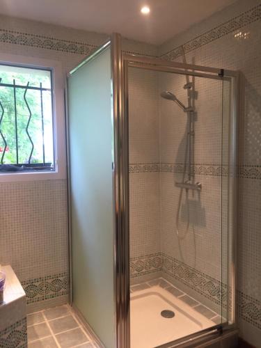 uma casa de banho com um chuveiro e uma porta de vidro em Chambre d'hôtes em La Membrolle-sur-Choisille