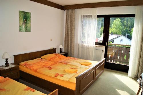 a bedroom with a large bed and a window at Penzion Sumavacek in Bayerisch Eisenstein