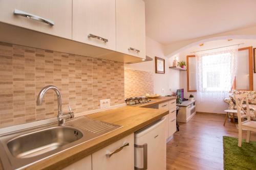 eine Küche mit einer Spüle und einer Arbeitsplatte in der Unterkunft Apartment Premsai in Rovinj