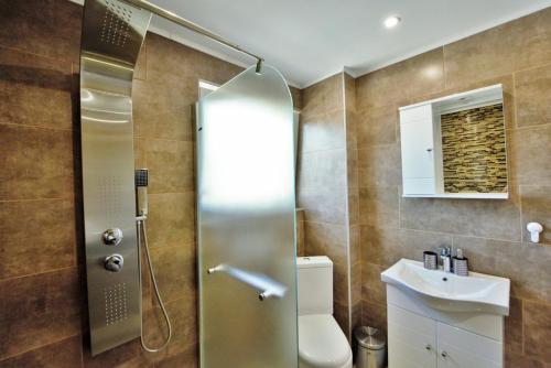 a bathroom with a shower and a toilet and a sink at Athena Apartment in Artemida