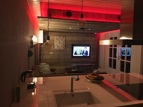 een keuken met een wastafel en een tv in een kamer bij Villa Pats in Gilze