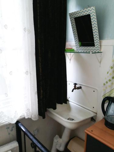 a bathroom with a sink and a mirror at Gulo's Home in Tbilisi City