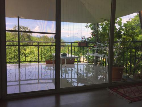 a room with a view of a balcony at Nino's Veranda Apartment in Tʼelavi