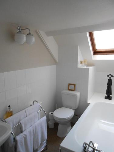 a white bathroom with a toilet and a sink at The Globe Inn in Chagford