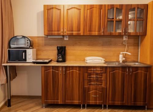 ケストヘイにあるÁtrium apartmanのキッチン(木製キャビネット、カウンター、電子レンジ付)