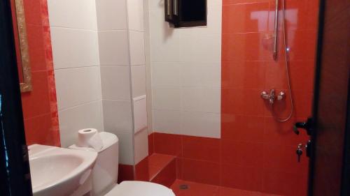 a bathroom with a shower and a toilet and a sink at Guesthouse White Margarit in Melnik
