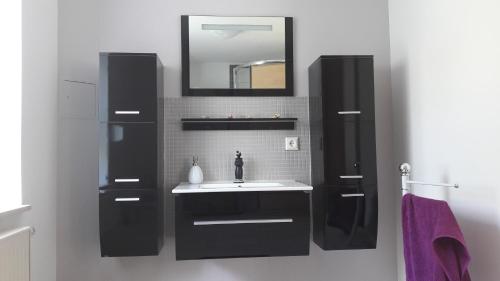 ein Badezimmer mit Waschbecken und Spiegel in der Unterkunft Ferienwohnung Gänseblümchen in Wartenburg