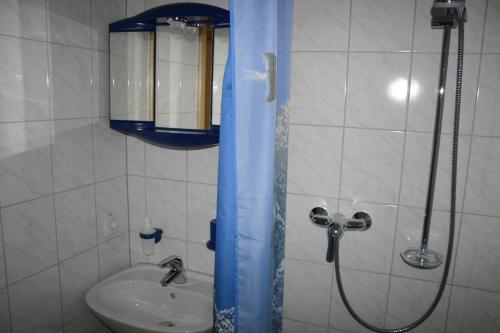 a shower in a bathroom with a sink and a shower at Gasthof Zum Stausee in Engelskirchen