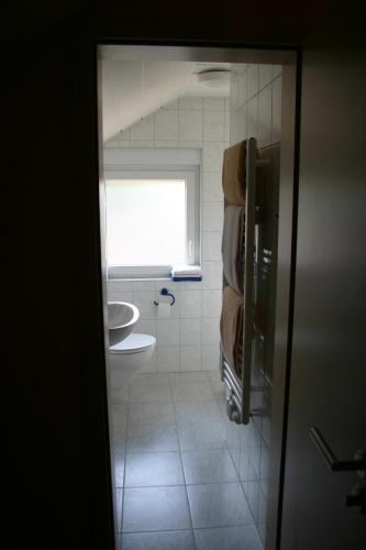 a bathroom with a sink and a toilet and a window at Gasthof Zum Stausee in Engelskirchen