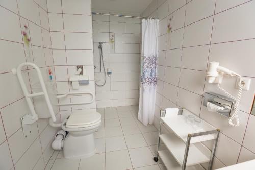 a white bathroom with a toilet and a shower at Pannonia Hotel in Sopron