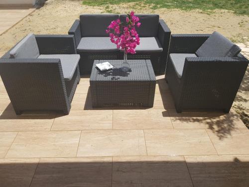 a patio with a couch and a table with flowers on it at Mazzitelli Apartment in Capo Vaticano