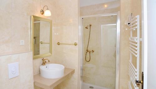 a bathroom with a sink and a shower with a mirror at Apartments & Rooms Flowers in Zagreb