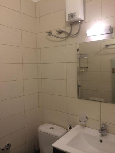 a bathroom with a toilet and a sink and a mirror at Villa Rena In Front of the Sea in Arkoudi
