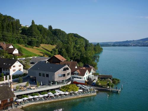 an aerial view of a resort on a lake at Hotel-Restaurant-Schifflände in Birrwil
