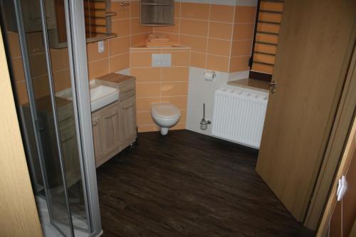 a small bathroom with a toilet and a sink at FEWO Loos in Ehrenfriedersdorf