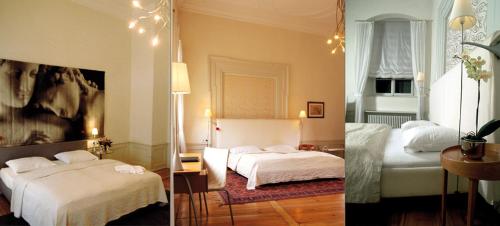 two pictures of a hotel room with two beds at Palais Schrottenberg in Bamberg
