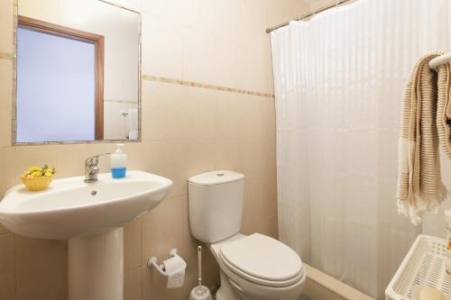 a bathroom with a toilet and a sink and a mirror at Casa do Loreto in Ponta Delgada