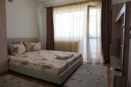 een slaapkamer met een bed en een groot raam bij La Alina in Eforie Sud