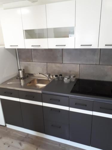 a kitchen with a sink and white cabinets at Spa Cottage in Čatež ob Savi