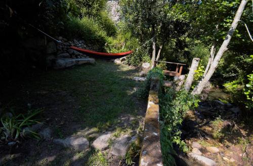 a hammock in the middle of a garden at Moinho do Prado in Vila Nova de Cerveira