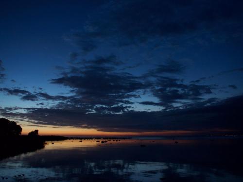a group of birds sitting on the water at dusk at Fiskarstugan i Norra Häljaröd in Norra Häljaröd
