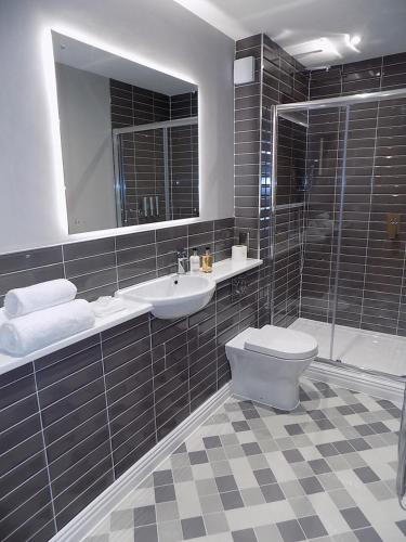 a bathroom with a toilet and a sink and a mirror at The Old Wool House Apartments in Carlisle