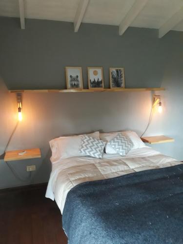 1 dormitorio con 1 cama con 2 lámparas y cuadros en la pared en Cabañas Colinas Serranas en Tandil