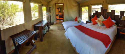 een slaapkamer met 2 bedden in een tent bij OuKlip Game Lodge in Klipdrift