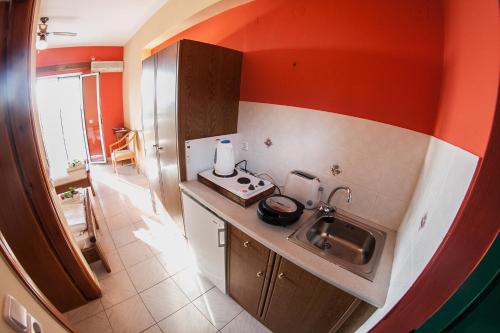 a small kitchen with a stove and a sink at Almyros Studios & Apartments in Kounopetra