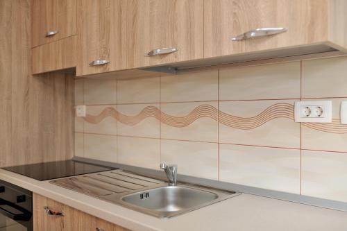 une cuisine avec un évier et des armoires en bois dans l'établissement Apartman Svilno, à Rijeka