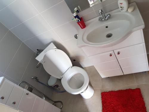 a white bathroom with a toilet and a sink at Lakeview rest Home in Konjic