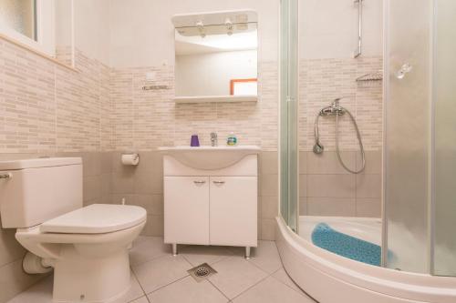 uma casa de banho com um WC, um chuveiro e um lavatório. em Apartments Frane em Primošten
